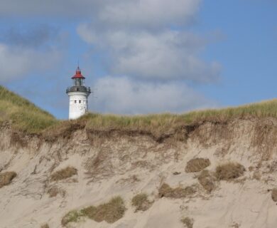 lighthouse, denmark, jutland, north sea, sand dunes, beach, heaven, sea, landscape, coast, vacations, nature, sand, summer, landmark, daymark, scandinavia, dune landscape, hvide sands, lyngvig fyr, holmsland klit, ringkøbing fjord
